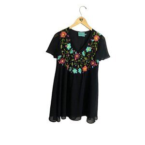 Judith March Women's Black Embroidered Short Sleeve Mini Dress - Small